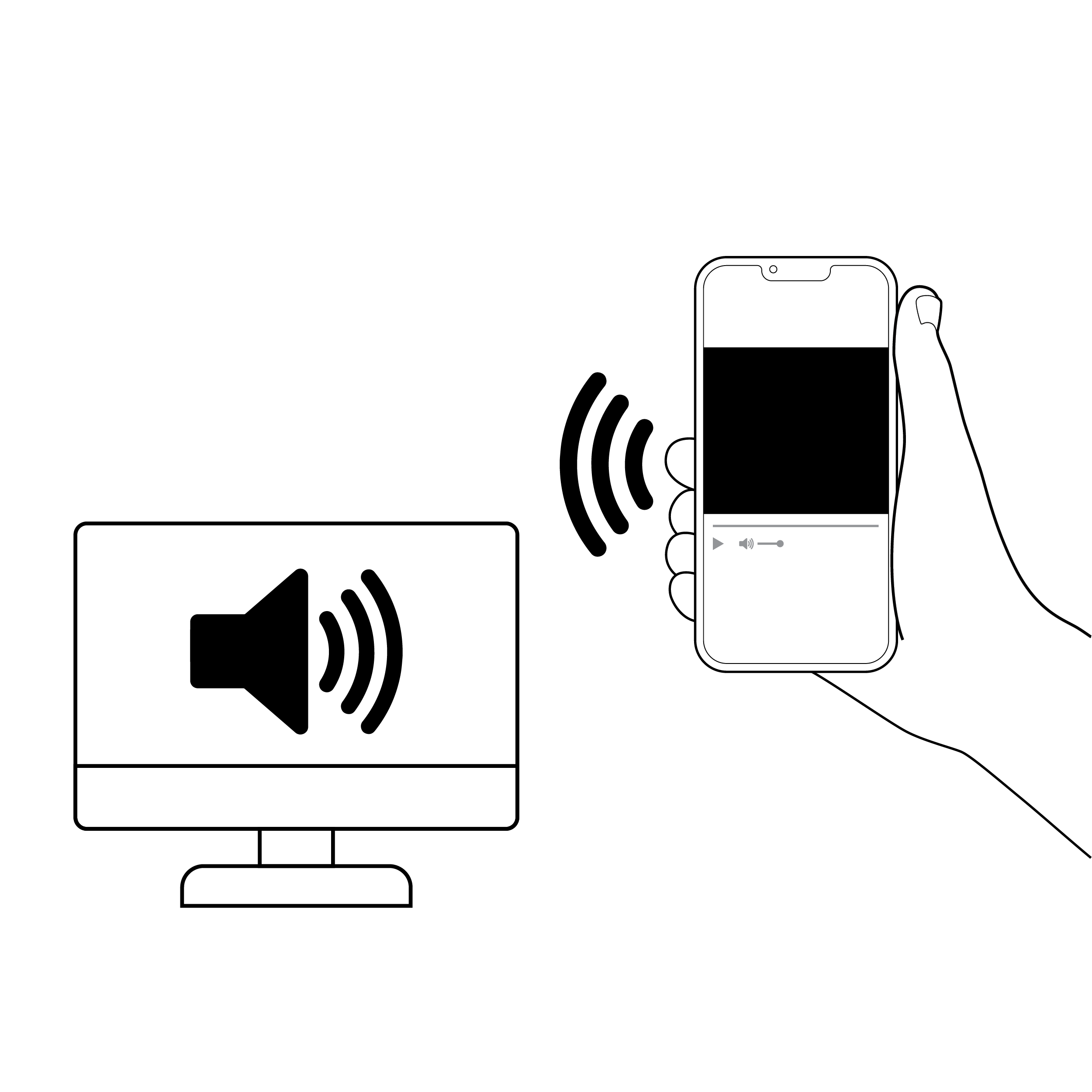 Desktop computer with audio/sound symbol. A hand holding a mobile phone that shows an audio file being played.