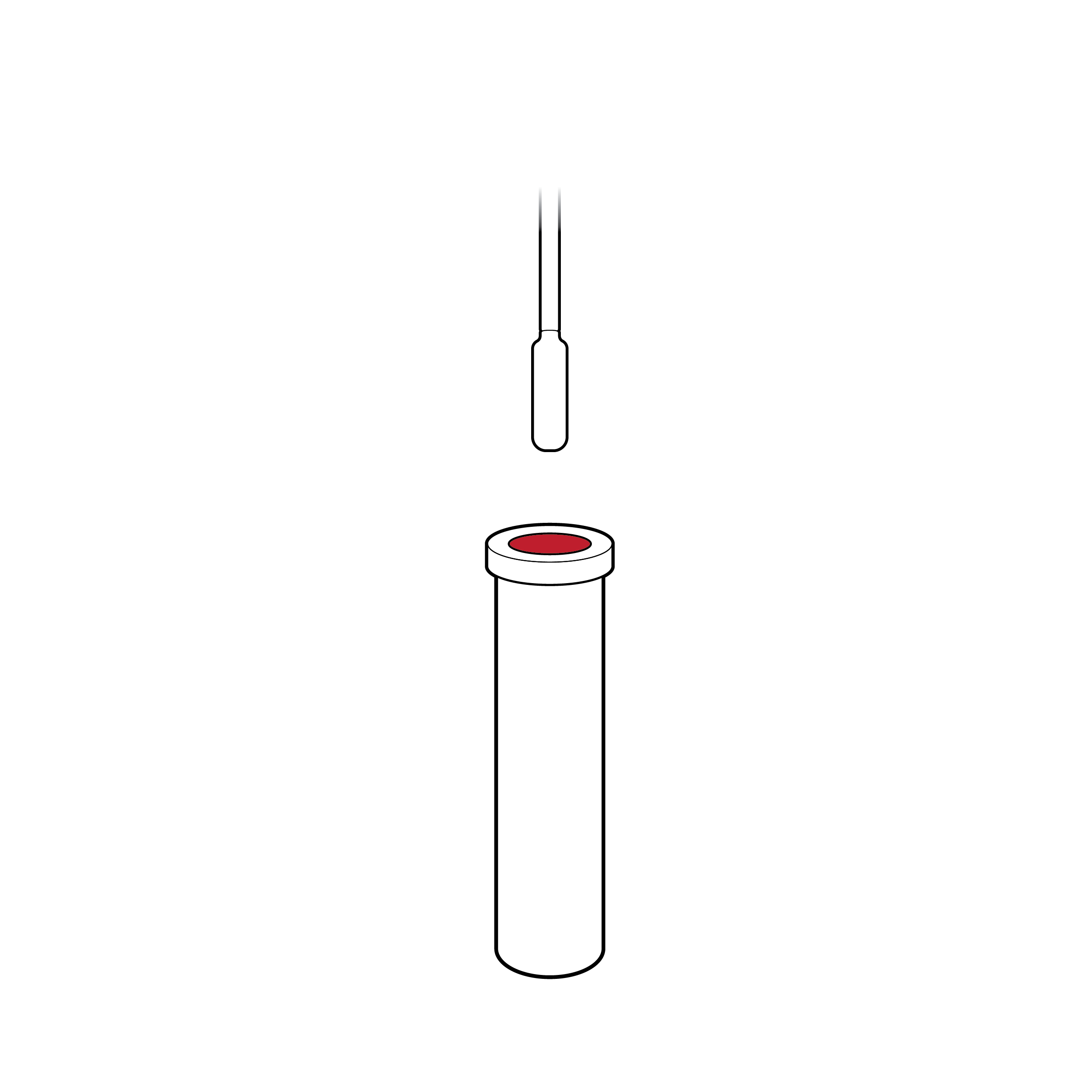 Cylindrical fluid vial with a swab. The opening of the vial is shaded red, indicating difficulty in inserting the swab.