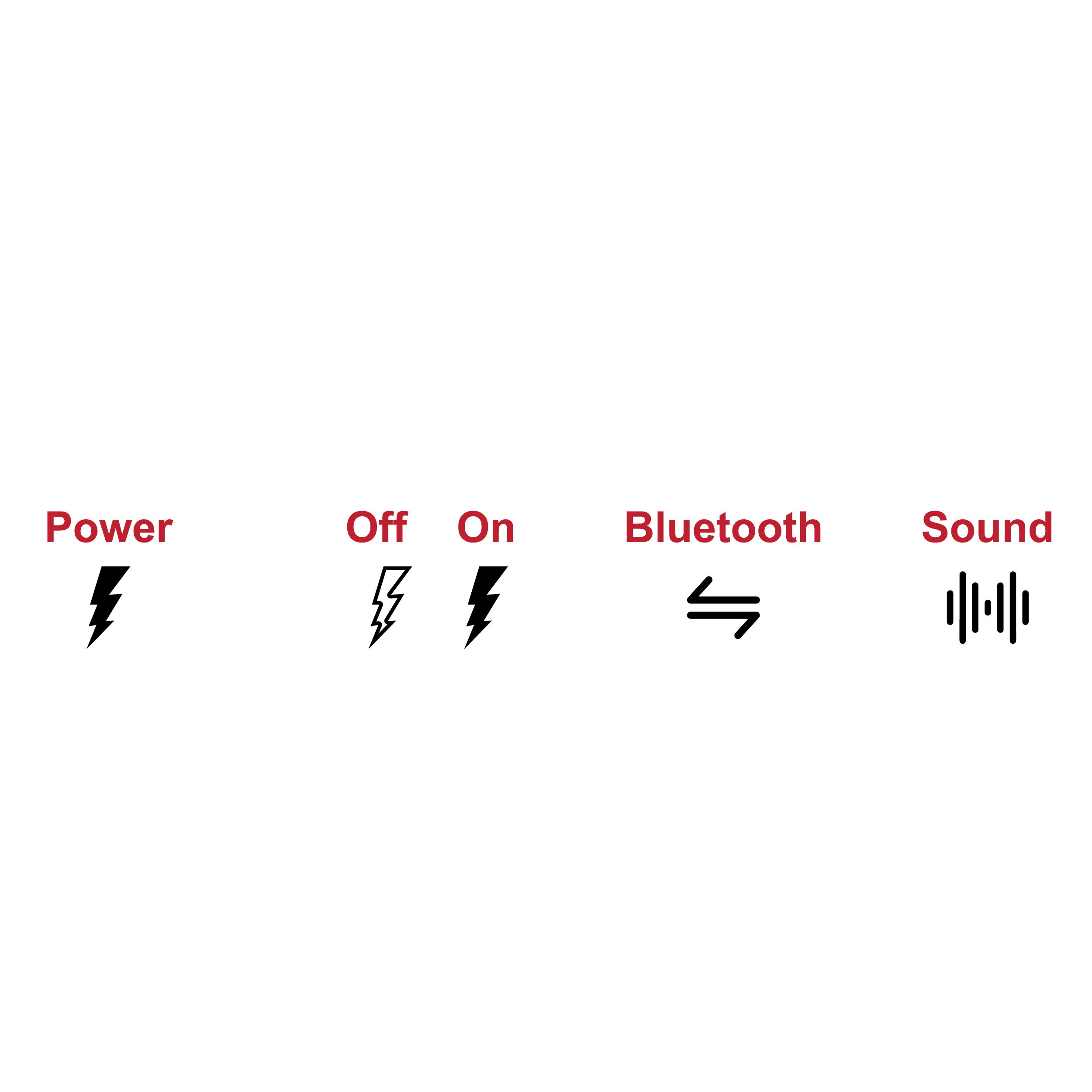 Non-standard symbols representing power, off, on, Bluetooth, and sound with text labels.