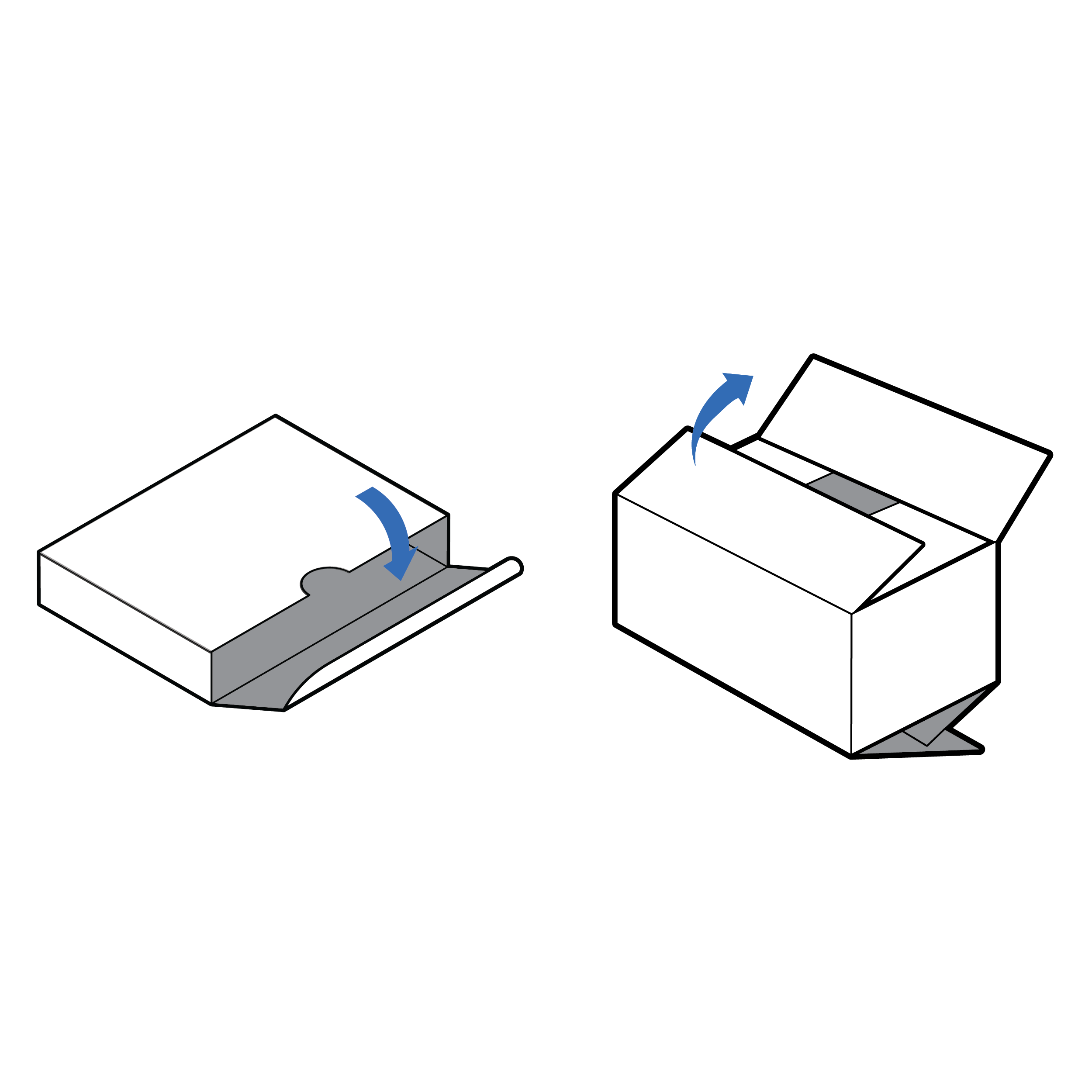 Two test kit boxes with different opening mechanisms – a half-moon thumb cutout and overlapping flaps. Each of the opening mechanisms has an arrow indicating opening motion.