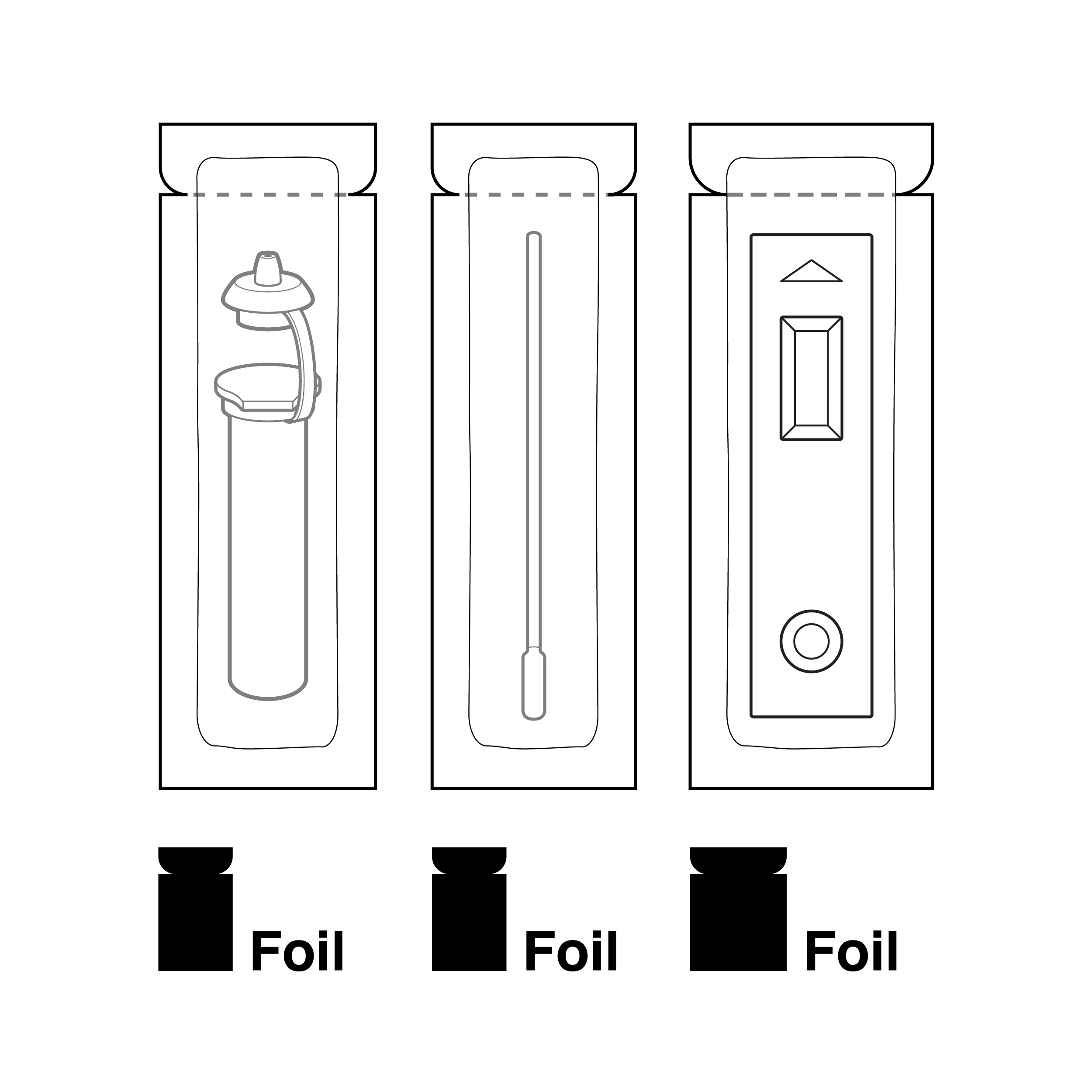 Three pouches with their contents visible inside. Each pouch shares the same form factor, specifically a foil pouch that opens by tearing off the top.