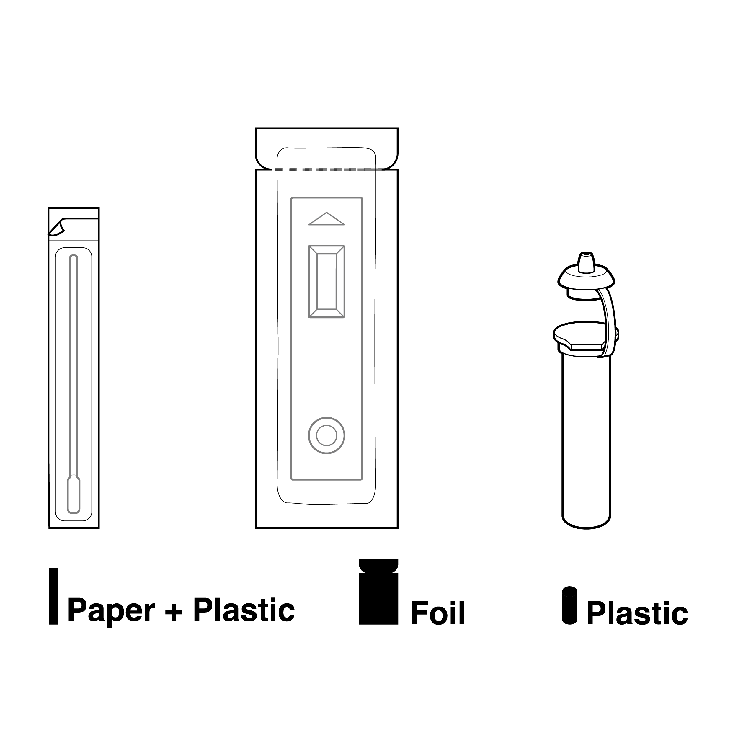 A swab pouch designed as a slender sleeve that peels apart. A test device in a foil pouch that tears at the top. A single fluid vial without packaging.