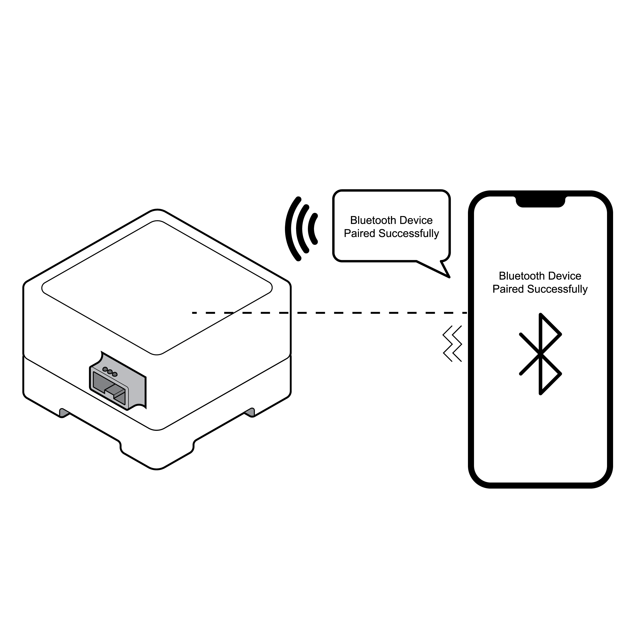 Mobile phone next to a digital test reader. Text prompt on the phone says the Bluetooth device has been paired successfully. Audio/sound and haptic or vibration symbols near the phone indicate this message is also being communicated via audible and dynamic physical feedback.