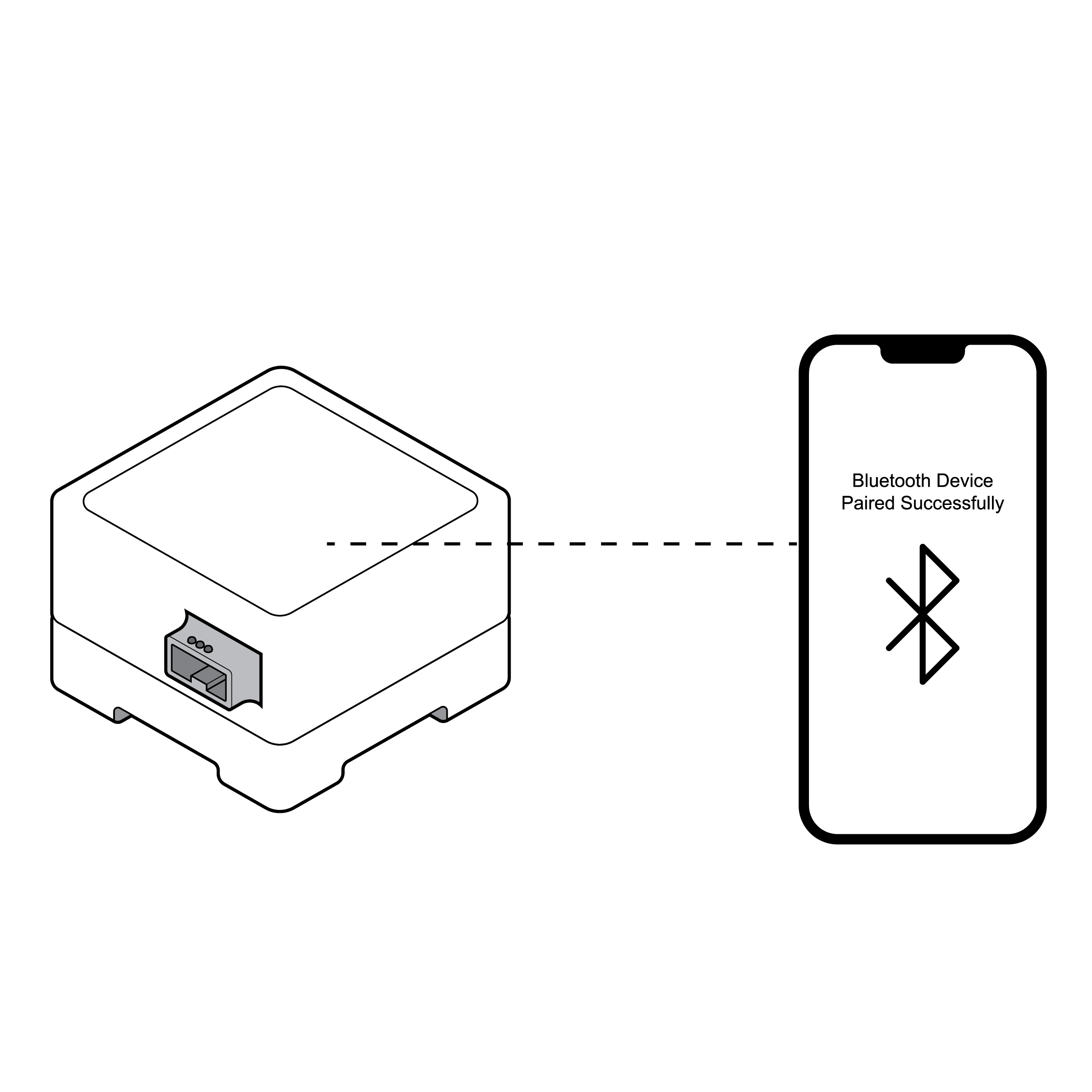 Mobile phone next to a digital test reader. Text prompt on the phone says the Bluetooth device has been paired successfully.