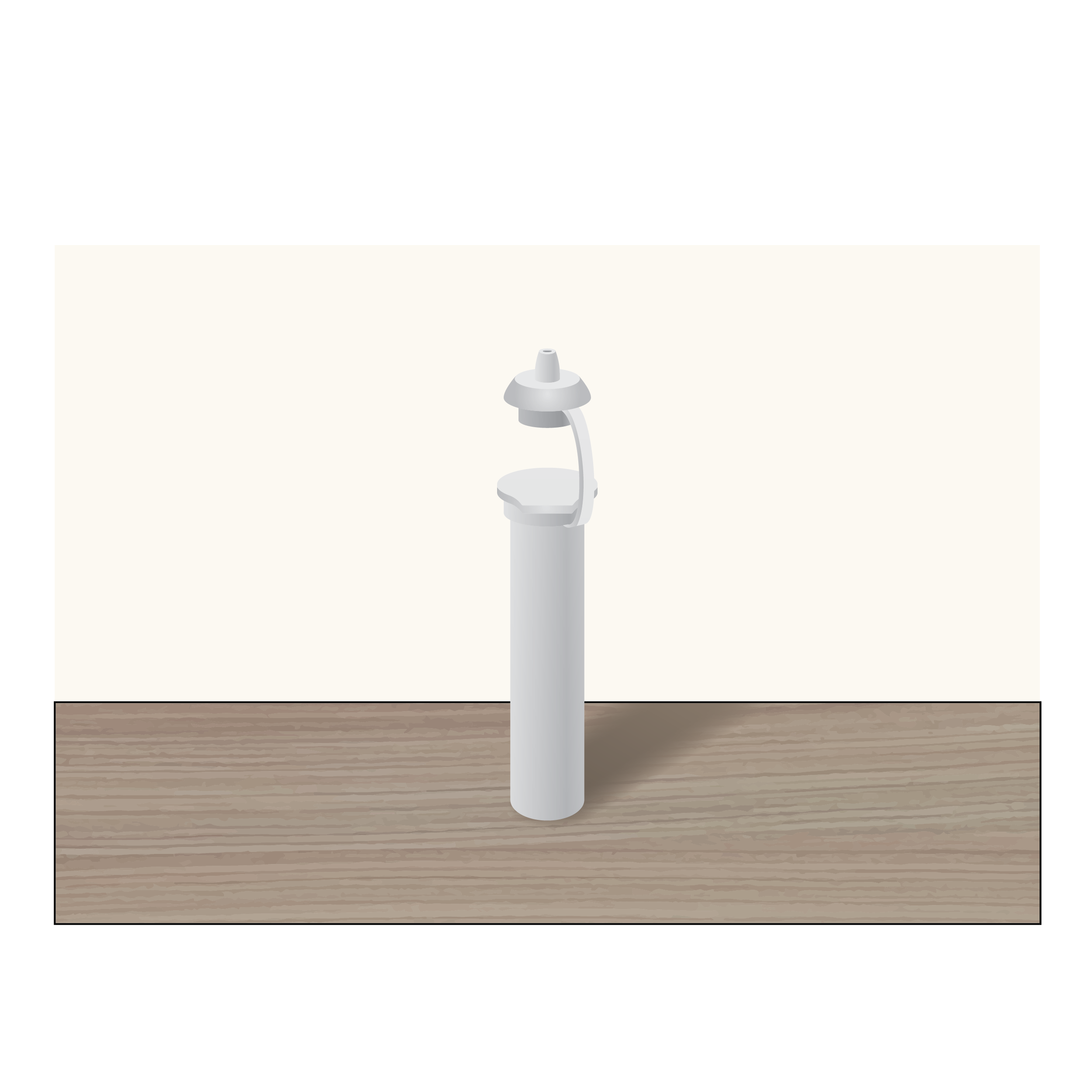 Three-dimensional rendering representing a photo of a cylindrical gray fluid vial with an integrated dropper cap standing on a wooden table in front of an off-white background.
