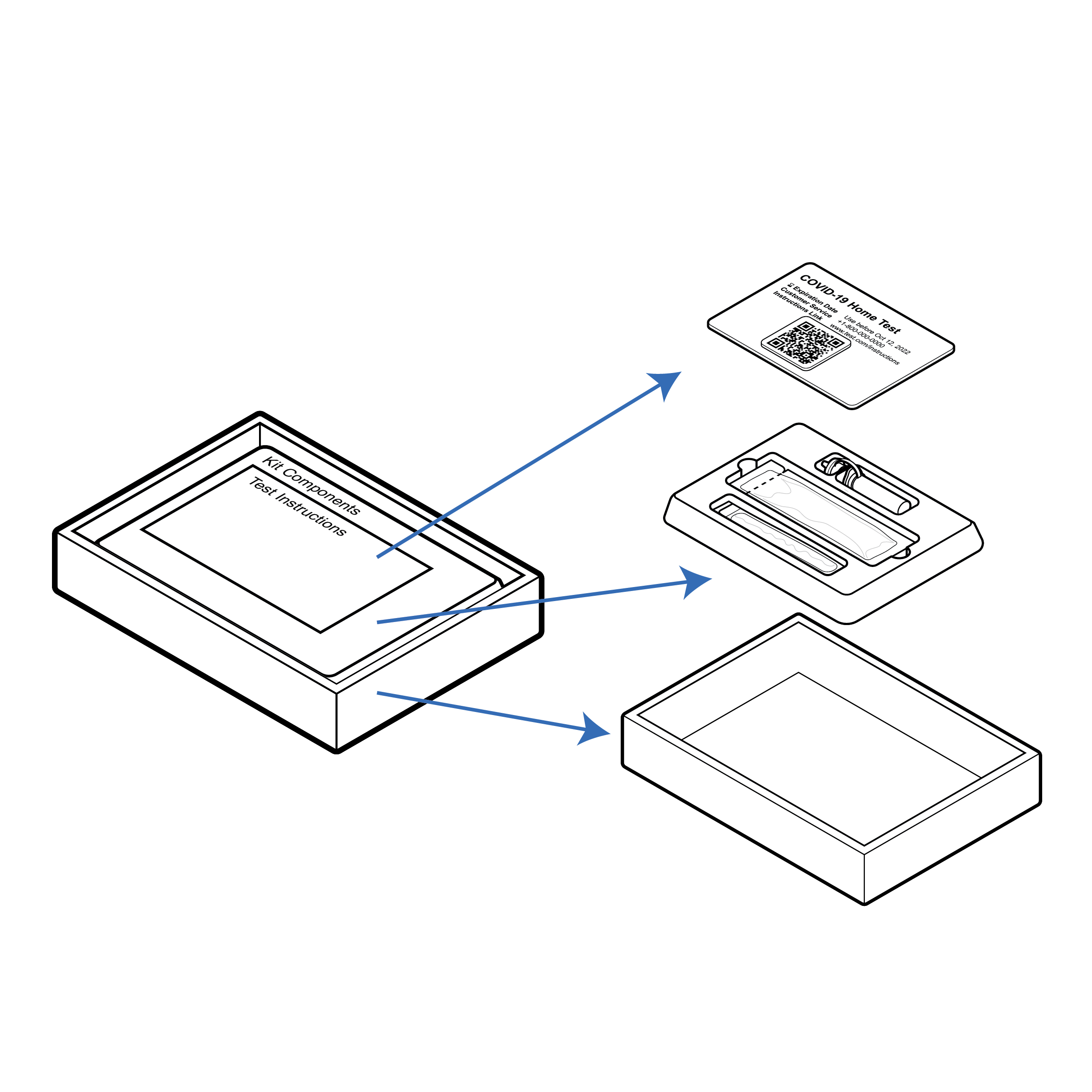 Test instructions with illustration of a test kit, with individual components assembled in box.