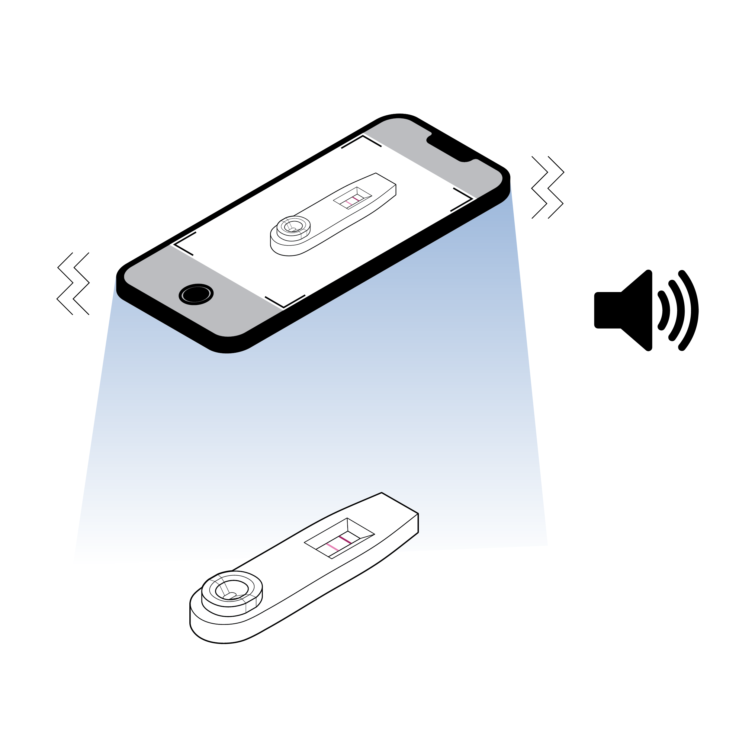A mobile phone floats above a test cassette. Audio/sound and haptic or vibration symbols near the mobile phone indicate audible and dynamic physical feedback indicating camera alignment with the cassette.