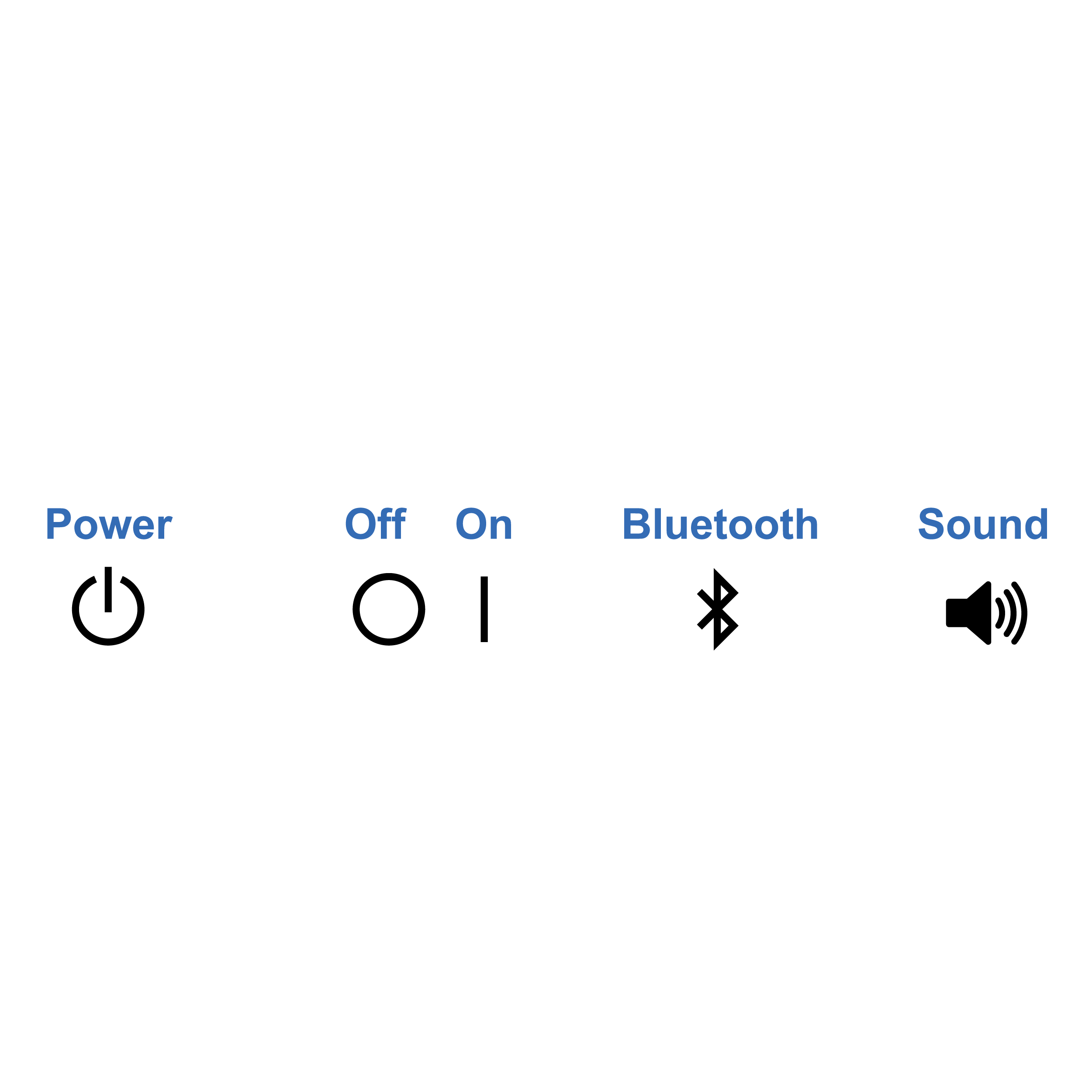 Standard symbols representing power, off, on, Bluetooth, and sound with text labels.
