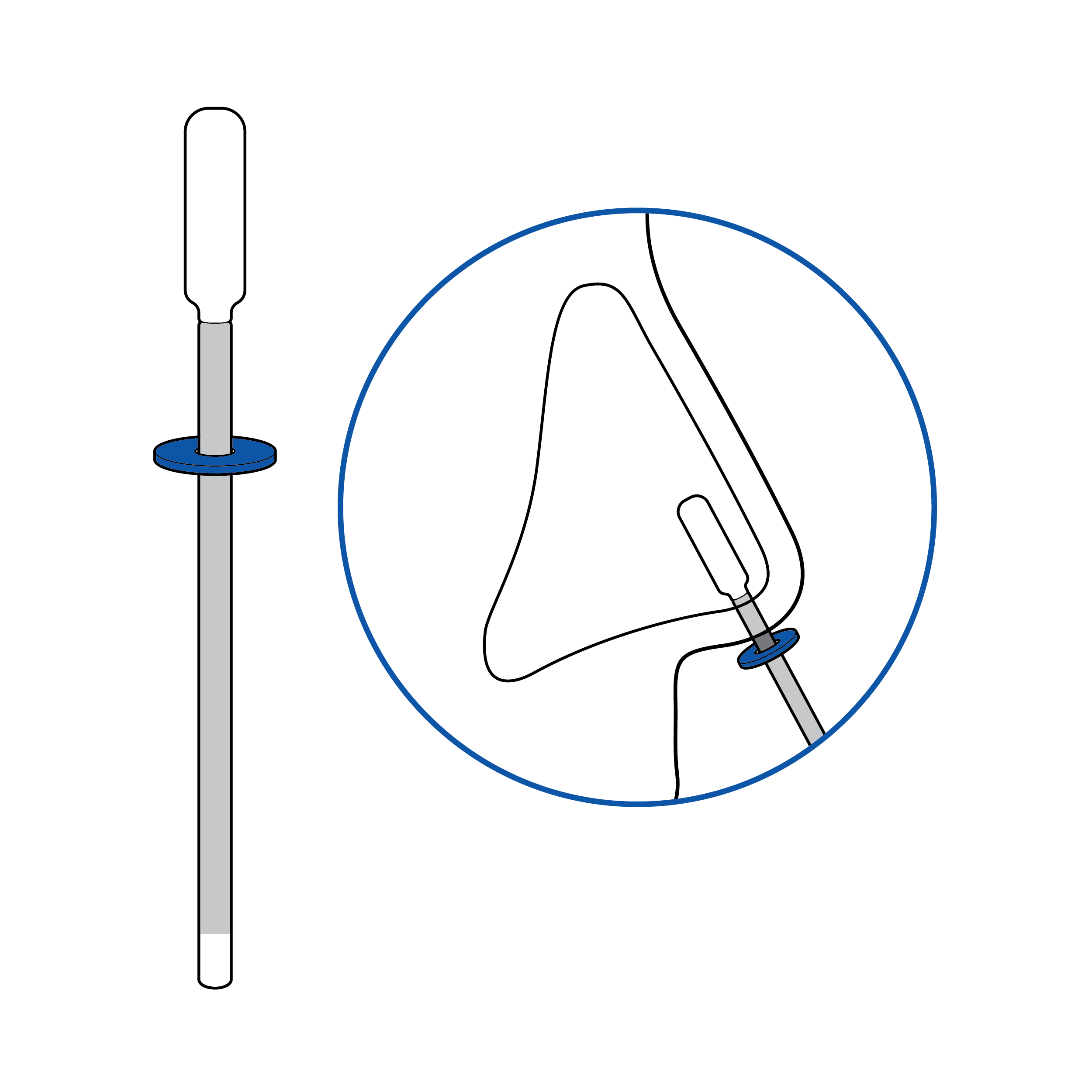 Swab with soft tip, narrow shaft, and raised ring feature on the shaft. A side view of a nose with the swab inserted up to the raised ring into the nasal passage is circled in blue, indicating the swab was inserted to a correct depth.