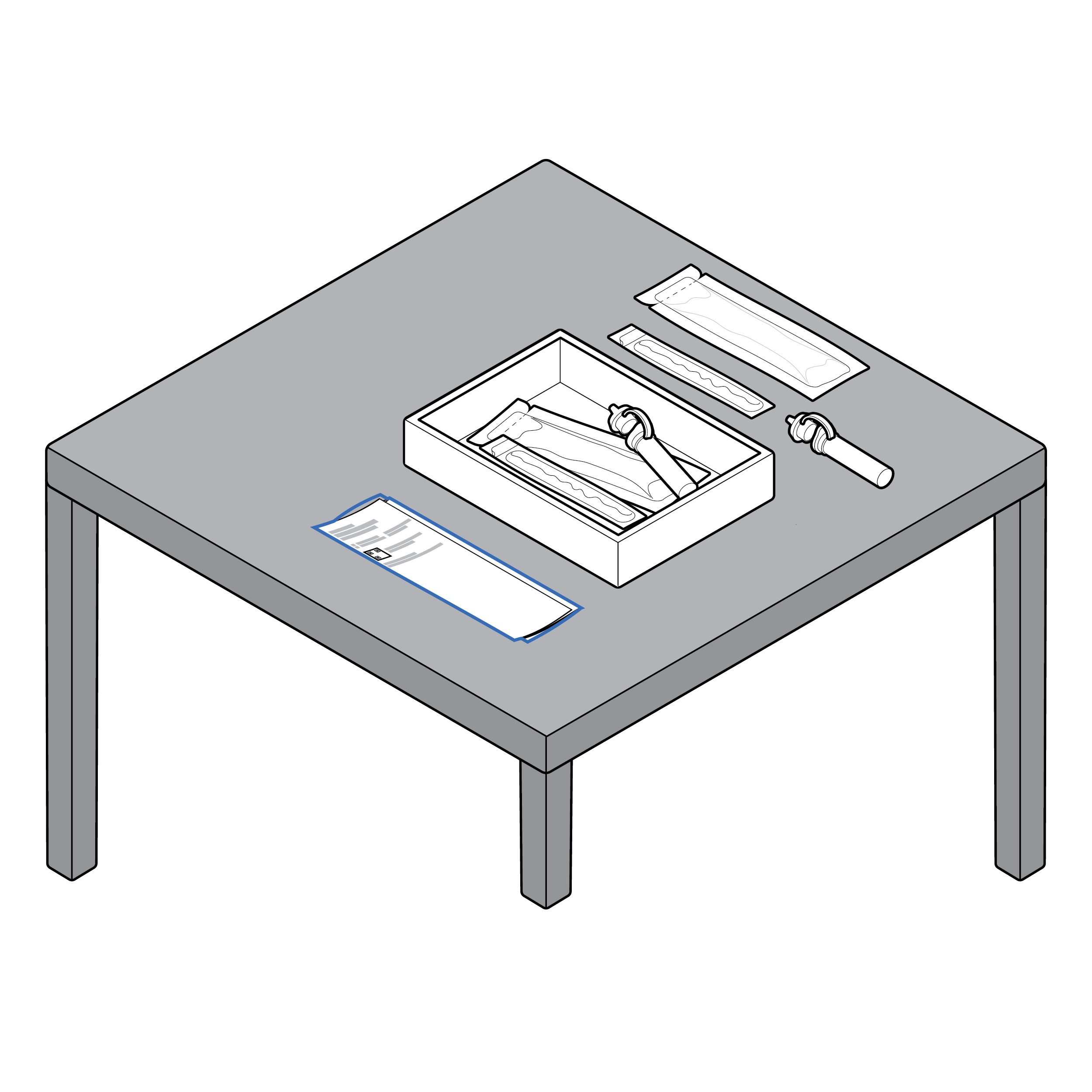A test kit and folded set of instructions lie on a tabletop. The instructions fit on the tabletop and are usable while folded.