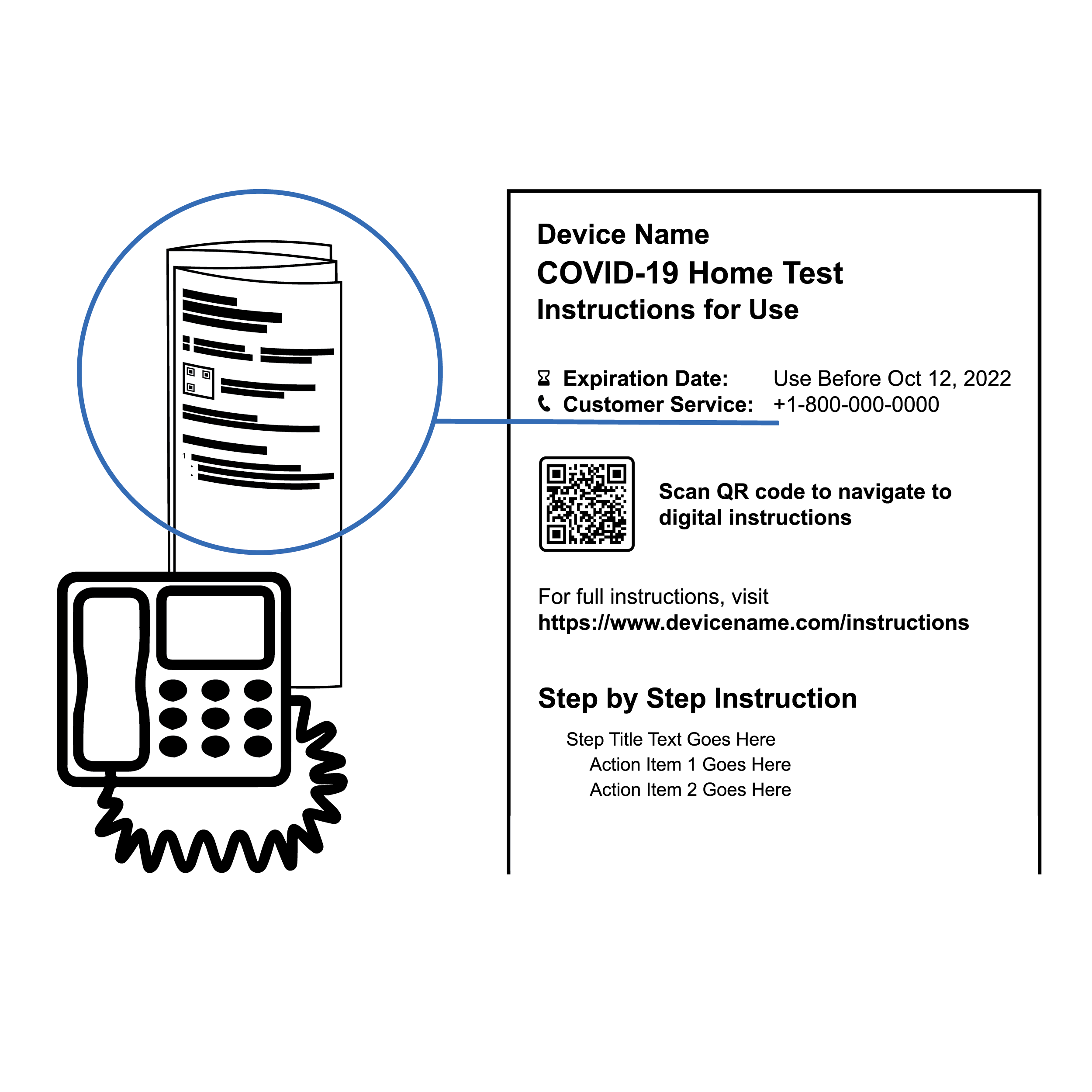 Test instructions that include a customer service phone number with a phone symbol next to it for accessing information via IVR system.
