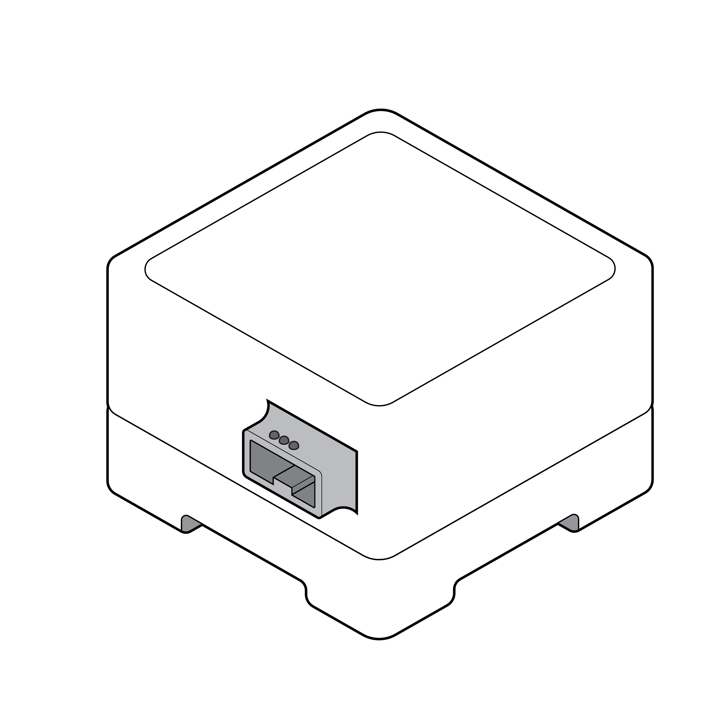 Test reader with a square form factor. The base of the test reader has legs. One side of the test reader has a protruding opening which is a cassette insertion feature. The cassette insertion feature also has a track on which the cassette slides in and out of the test reader.