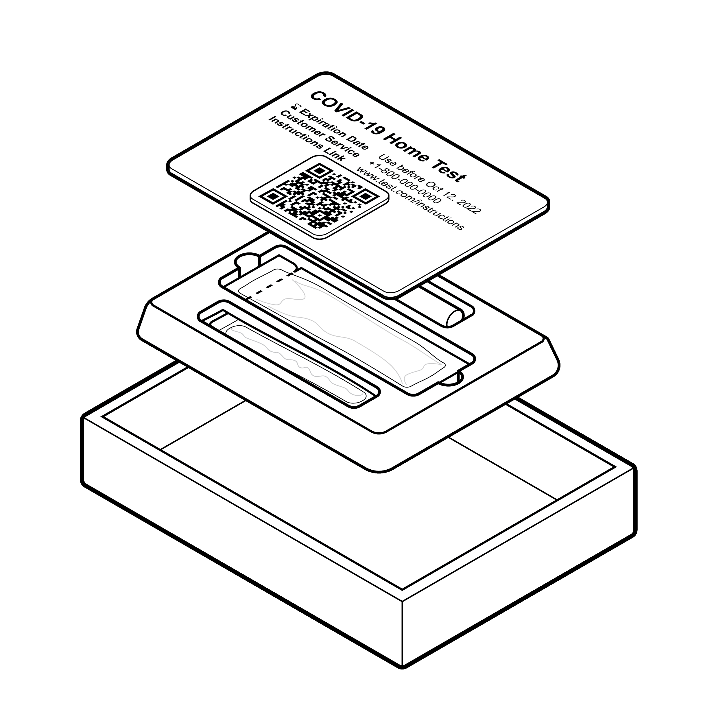 Test instructions with illustration of a test kit, with individual components displayed floating above one another.
