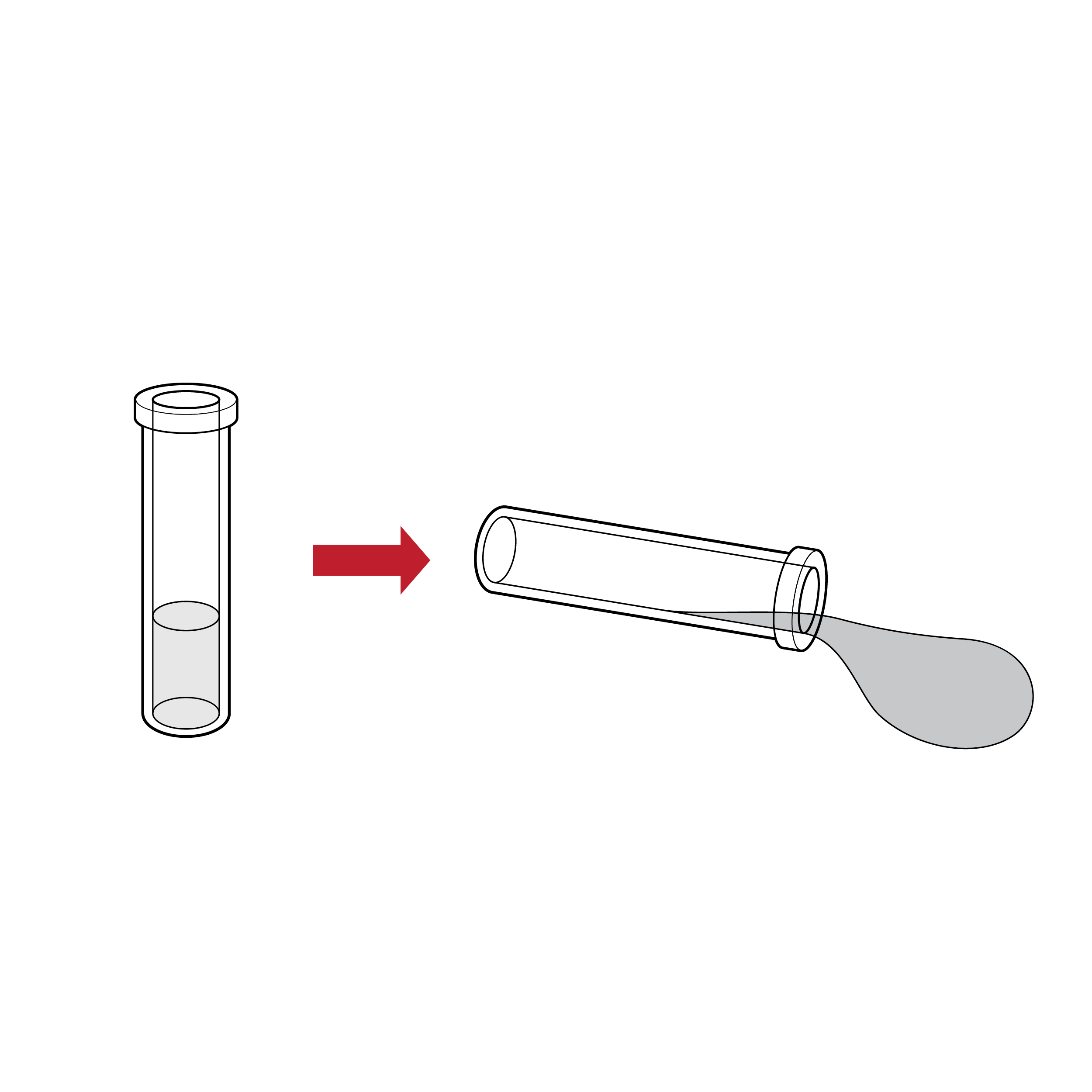 A cylindrical vial with fluid is shown upright with an arrow pointing to a second vial on its side with fluid pouring out, demonstrating the vial is easy to knock over.