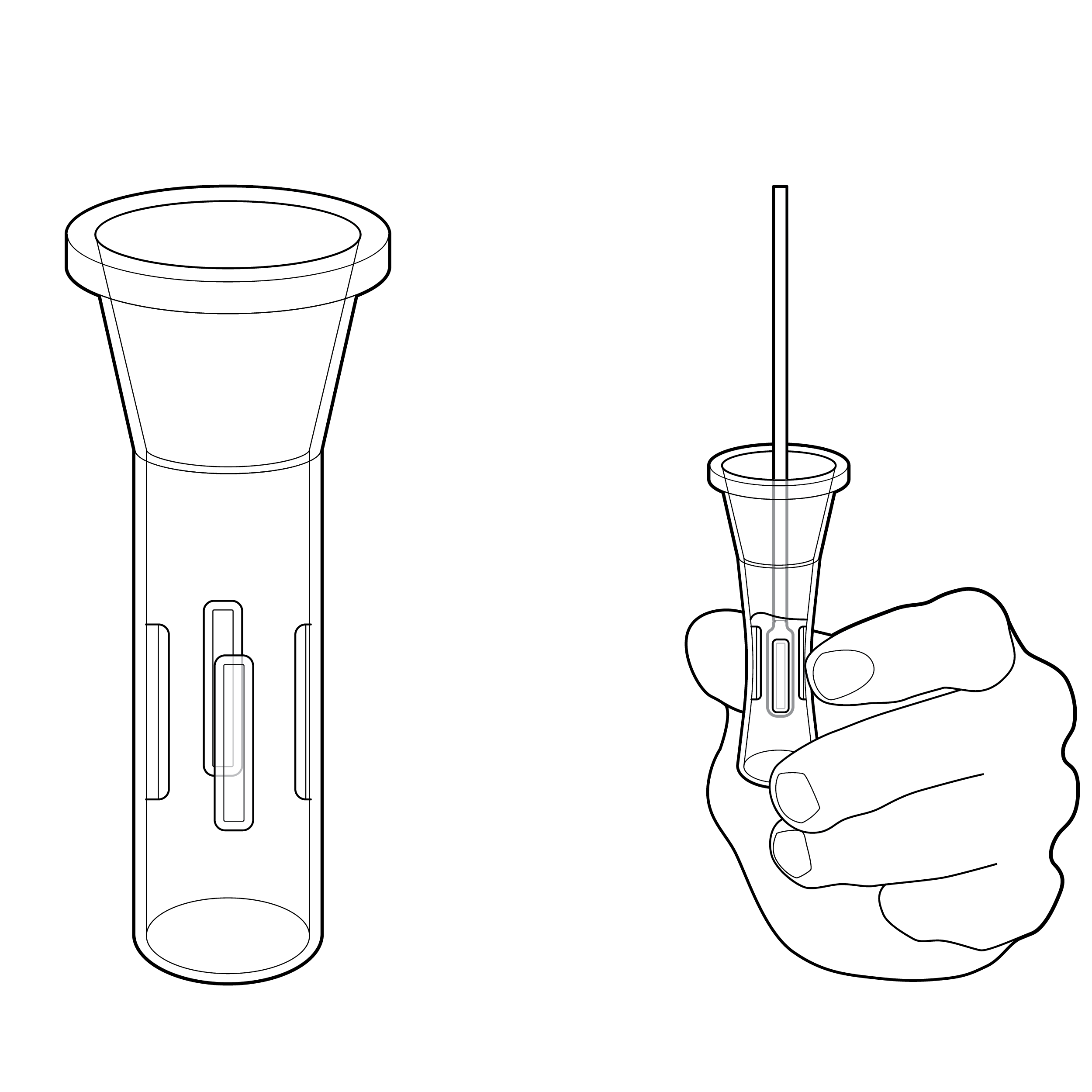 On the left, a fluid vial with a tapered top and rib features on the internal surface. On the right, a hand holding the vial by thumb and forefinger, and a swab inserted into the solution in the vial. 
