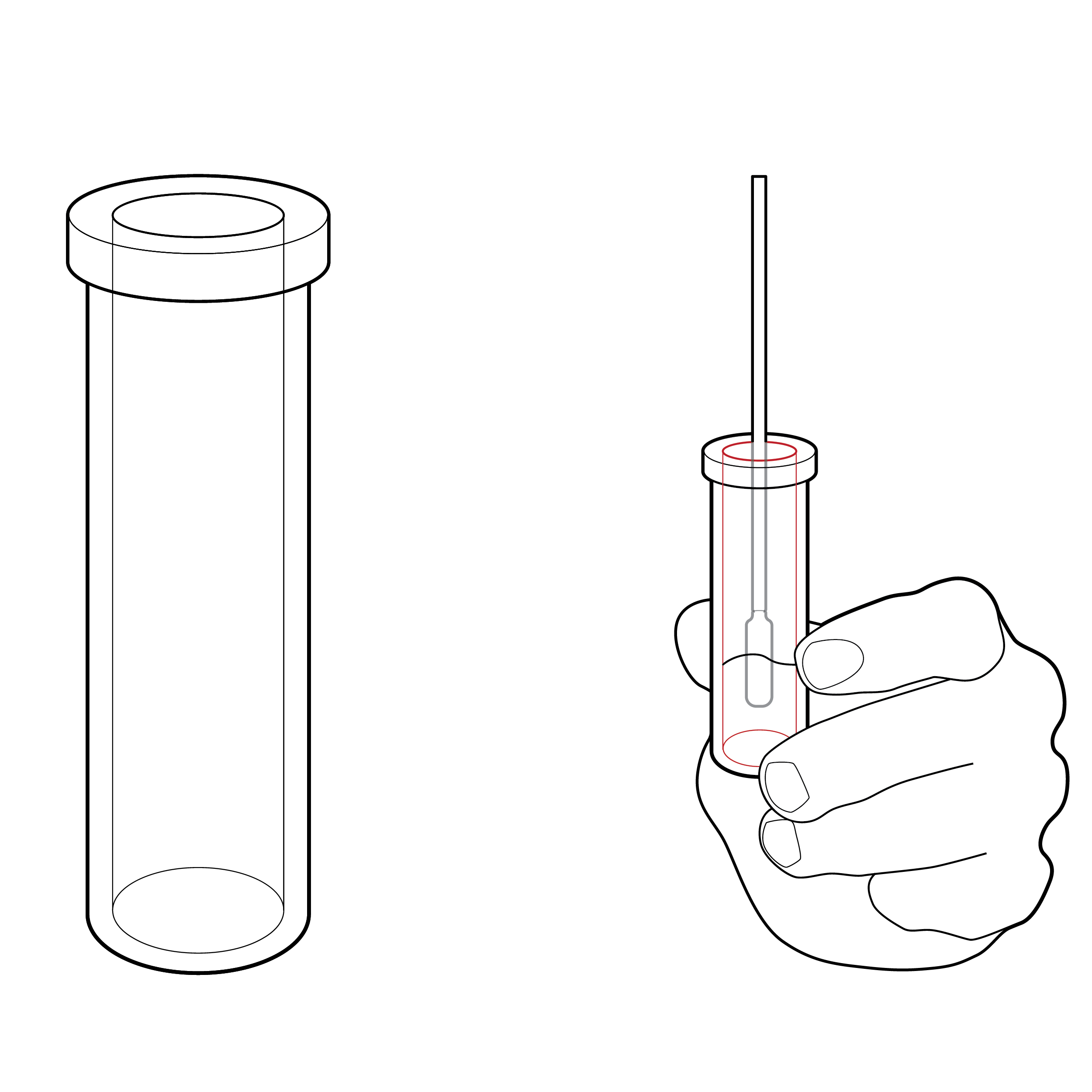 On the left, a cylindrical fluid vial. On the right, a hand holding the vial by thumb and forefinger, and a swab inserted into the solution in the vial. Red shading on the vial indicates squeezing the vial around the swab to extract sample is difficult.