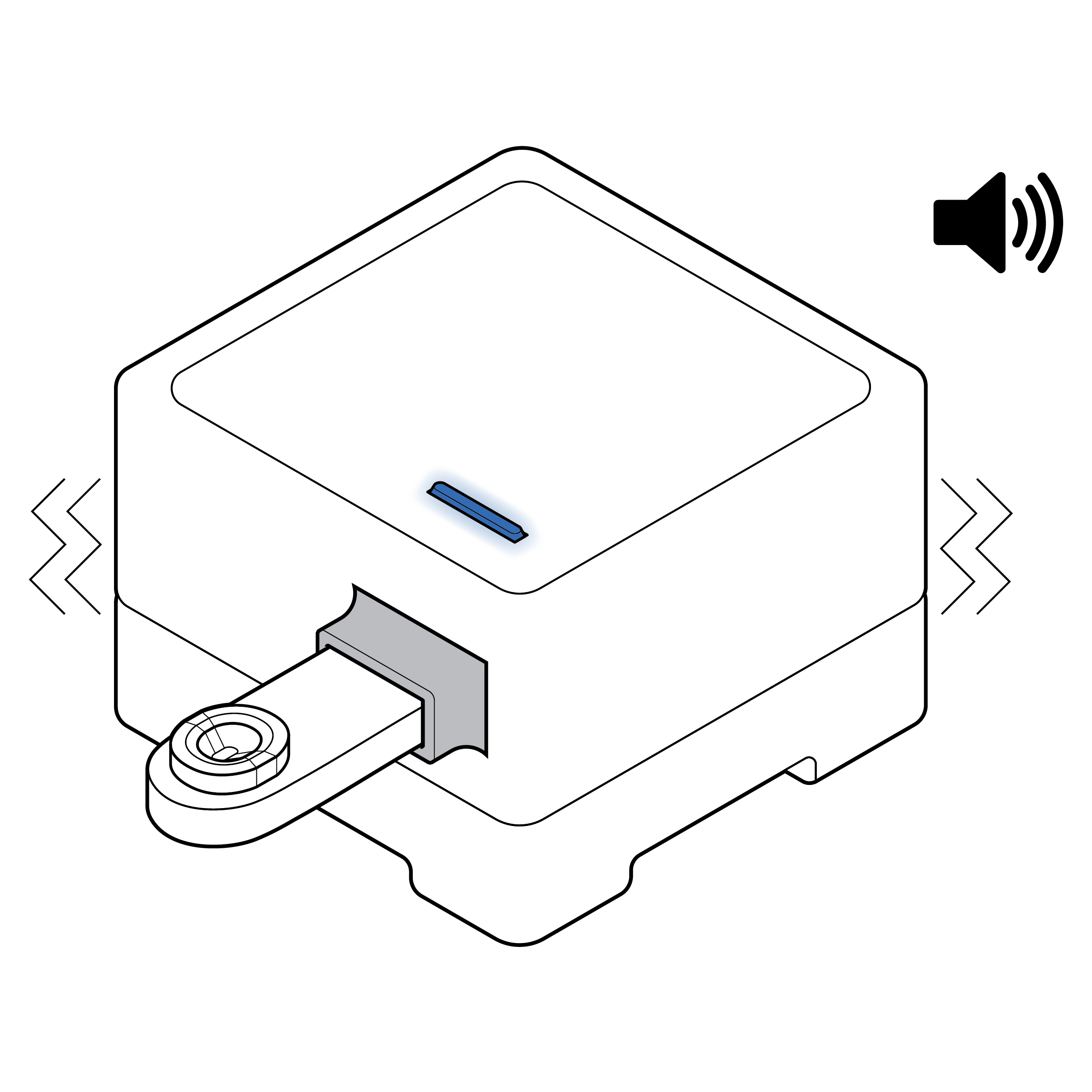 Test reader with a cassette inserted. Audio/sound and haptic or vibration symbol indicates audible and dynamic physical feedback. A LED light on top of the test reader indicated visual feedback. 
