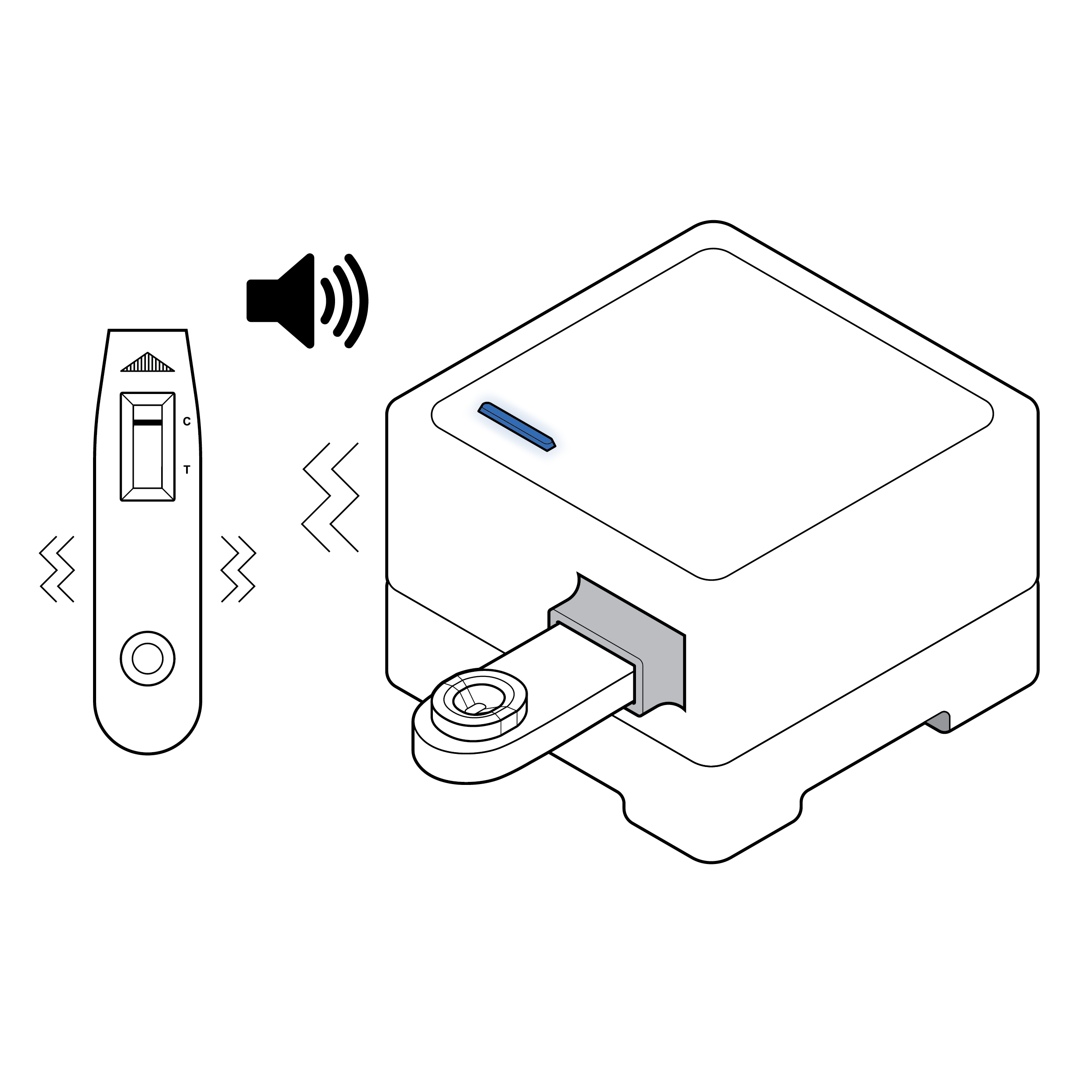 On the left, a cassette with results window showing a line next to the control mark. On the right, a test reader with a cassette inserted. Audio/sound symbol near the test reader indicates audible feedback. A LED light on top of the test reader indicates visual feedback. Haptic or vibration symbol indicates dynamic physical feedback.